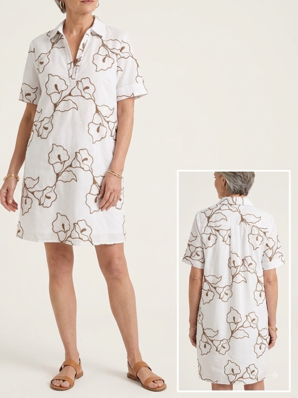 Chico's Embroidered Calla Lily Linen Blend Shirt Dress Popover Dress